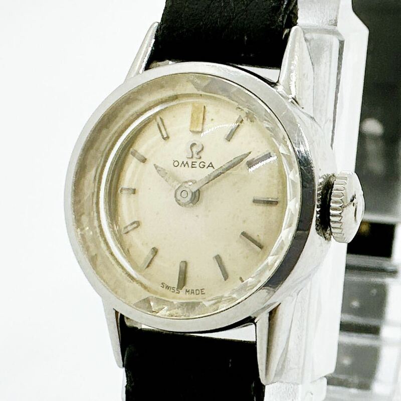 04105 オメガ OMEGA 稼働品 カットガラス レディース 腕時計 手巻き シルバーカラー アンティーク ヴィンテージ