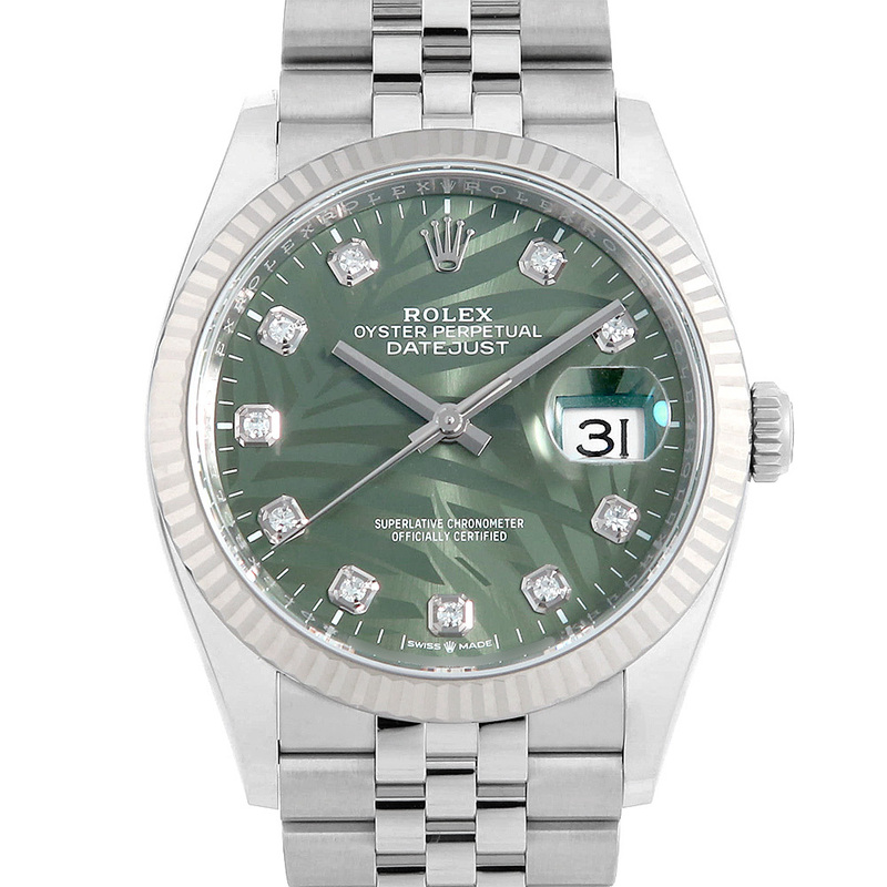 ロレックス デイトジャスト36 10Pダイヤ　 126234G グリーン パームモチーフ 5列 ジュビリーブレス ランダム番 中古 メンズ 腕時計