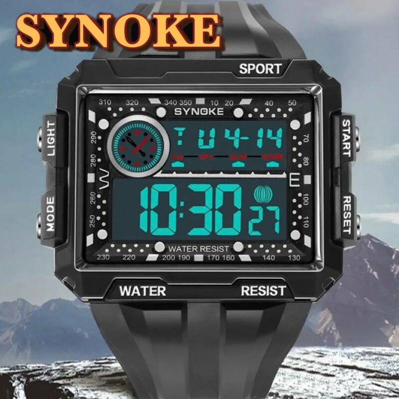 新品 SYNOKE ビッグフェイスデジタル 防水 デジタルストップウォッチ メンズ腕時計 スクエア ブラック 9826