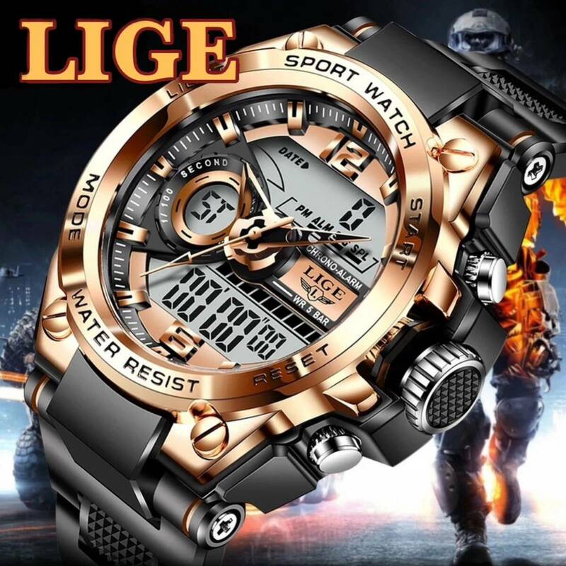 新品 LIGE スポーツデュアルウォッチ 50m防水腕時計 メンズ腕時計 ローズゴールド＆ブラック
