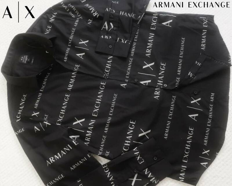 新品★アルマーニ★大きいサイズ★オーガニック ブラック 長袖 ドレスシャツ★フロント ロゴプリント 黒 XXL★ARMANI★534