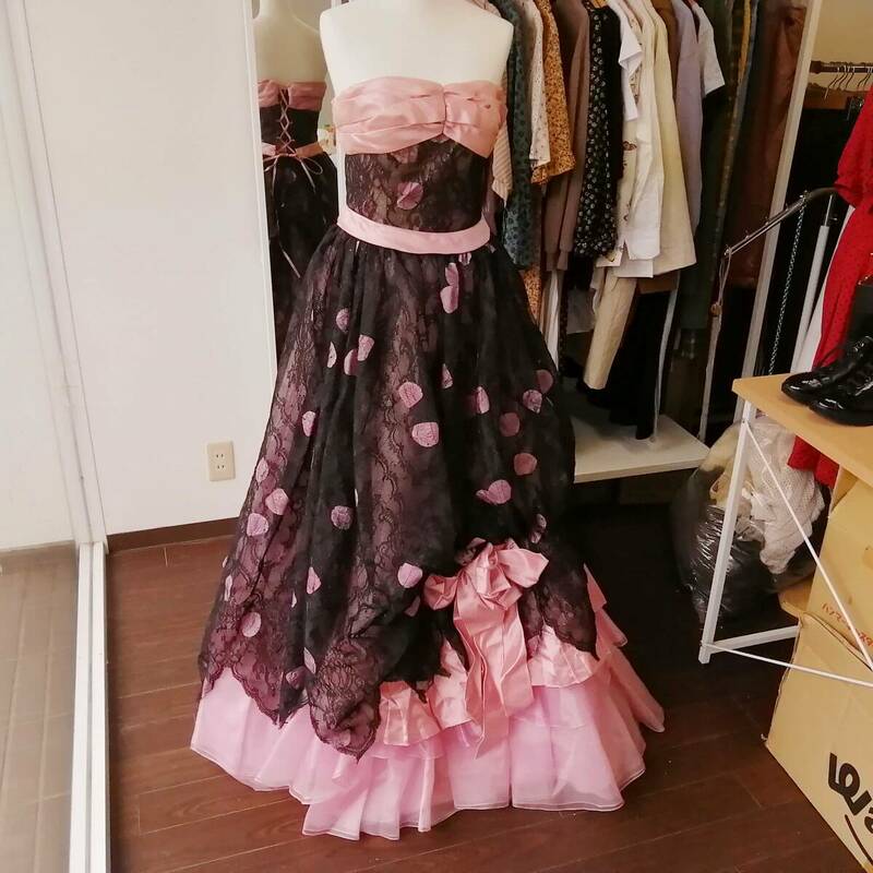 ROCHAS カラードレス 7号 ピンク×黒レース♪ロングドレス 汚れあり 発表会 舞台衣装に。240423ari2