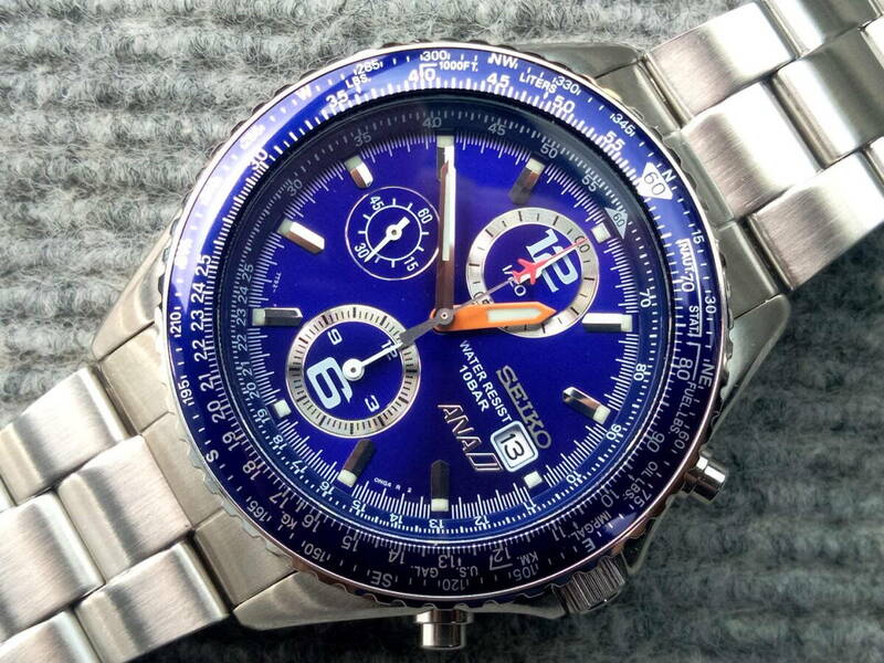 未使用保管品　セイコー　SEIKO　全日空　ANA　ハッピーフライトコラボ　パイロットクロノグラフ腕時計　ブルー