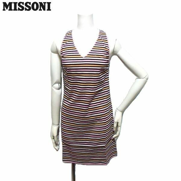 【9万新品】MISSONI ミッソーニ ジグザグボーダー柄 コットンニット ノースリーブ ワンピース ピンク系マルチ 40サイズ 本物 SALE