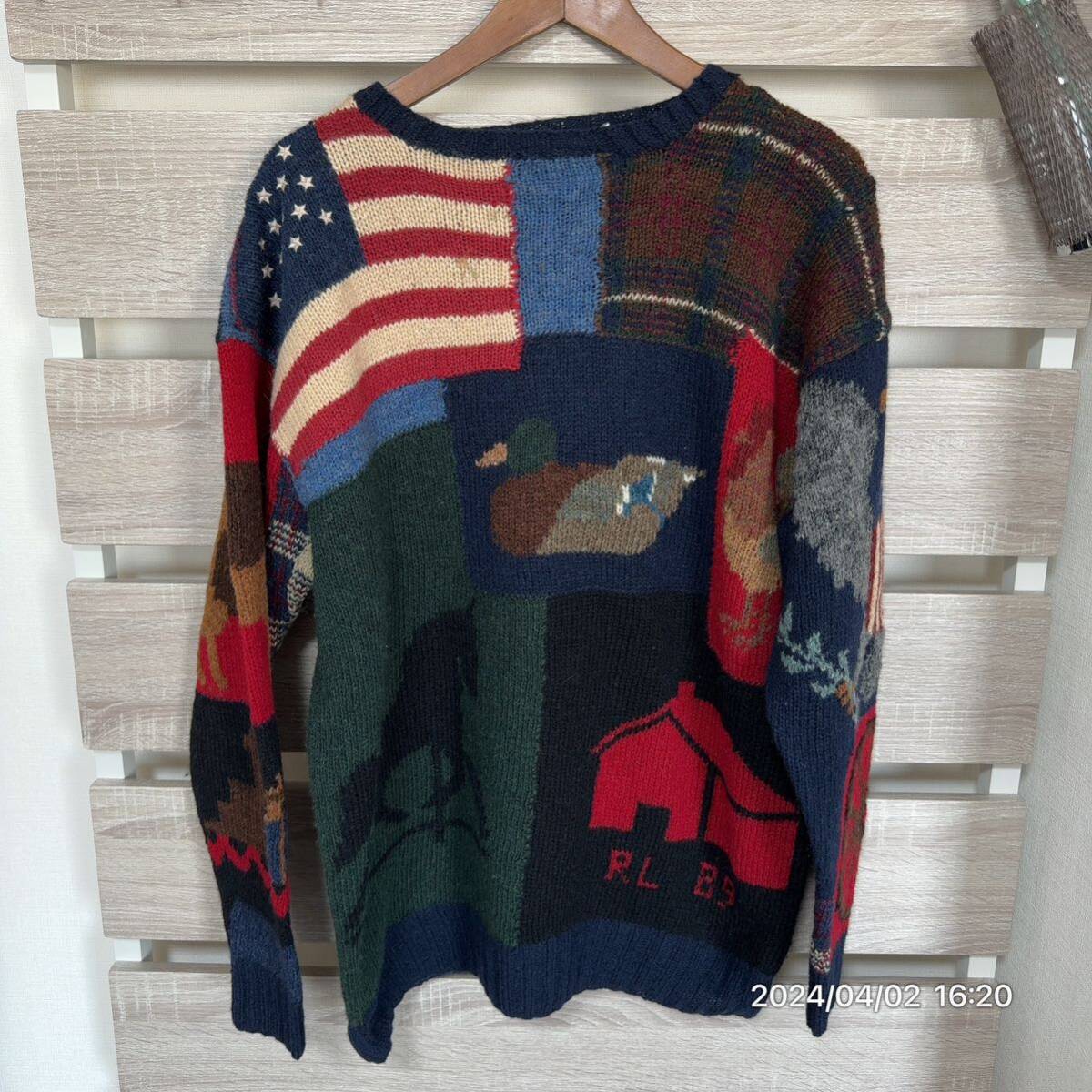希少 89年 Ralph Lauren ラルフローレン ポロカントリー パッチワーク マルチモチーフ ニットセーター
