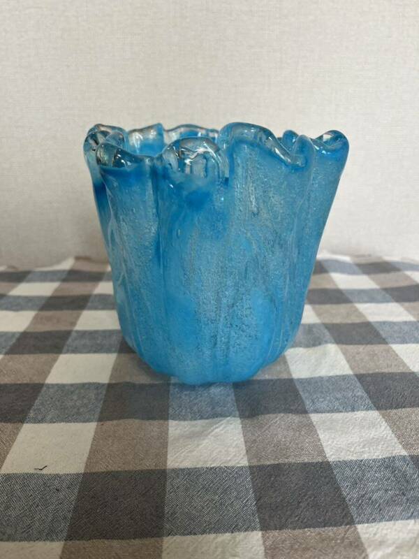 ブルーガラス ガラス製 花瓶 花器 管理A2456 フラワーベース 花瓶 華道 華展 花展 いけばな 生け花