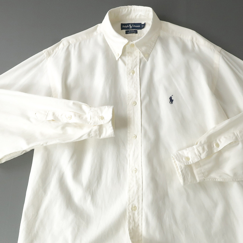 90s ラルフローレン BLAKE ヘビーコットン ツイルシャツ ボタンダウン ホワイト US-L(XL)