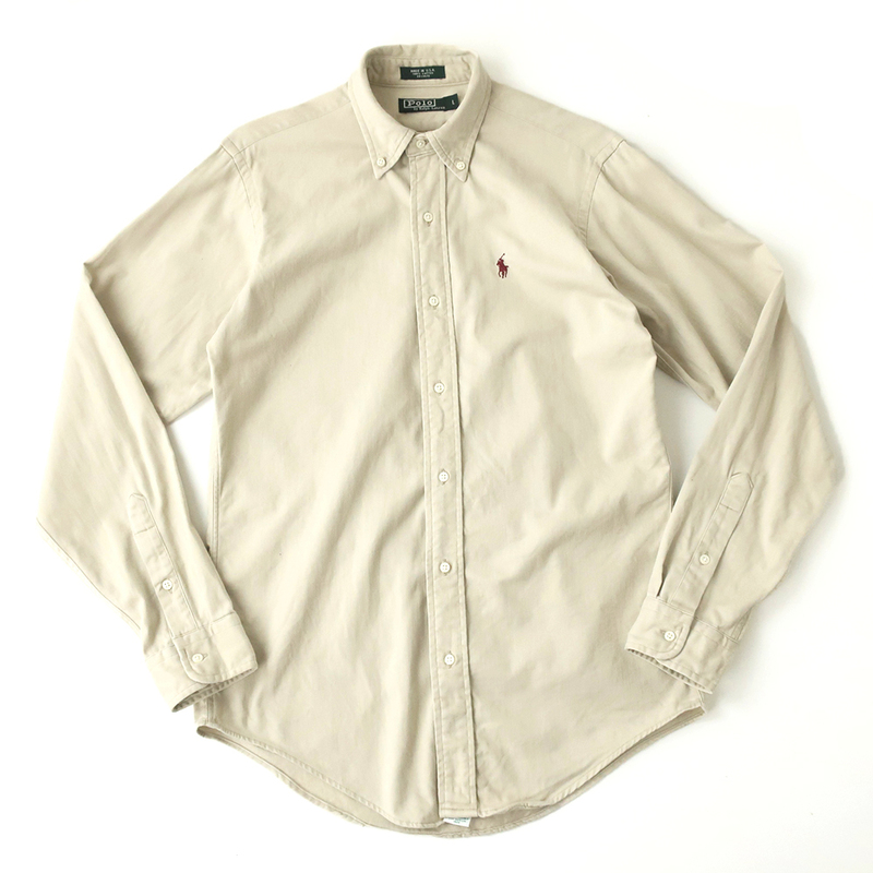 USA製90s ポロラルフローレン ヘビーツイルシャツ チノシャツ ポニー刺繍 ベージュ(S程) POLO RalphLauren