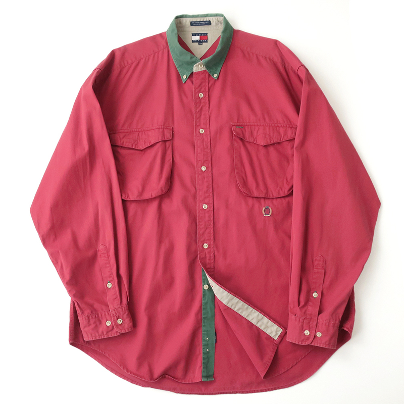 90s TOMMY HILFIGOR ヘビーツイル ワークシャツ ボタンダウン/エンブレム刺繍 レッド(XL)