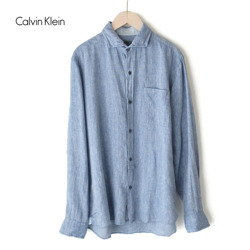 Calvin Klein カルバンクライン リネンシャツ 麻100％/ワイドカラー シャンブレーブルー(L)