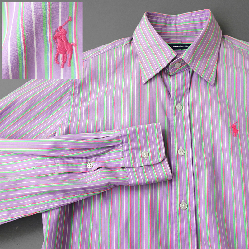 美品◎ラルフローレン マルチストライプシャツ ポニー刺繍 ラベンダーパープル 2(M)　レディース
