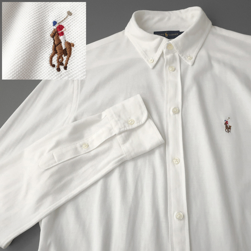 ラルフローレン KNIT OXFORD 鹿の子シャツ ボタンダウン カラーポニー刺繍 ホワイト(XL)