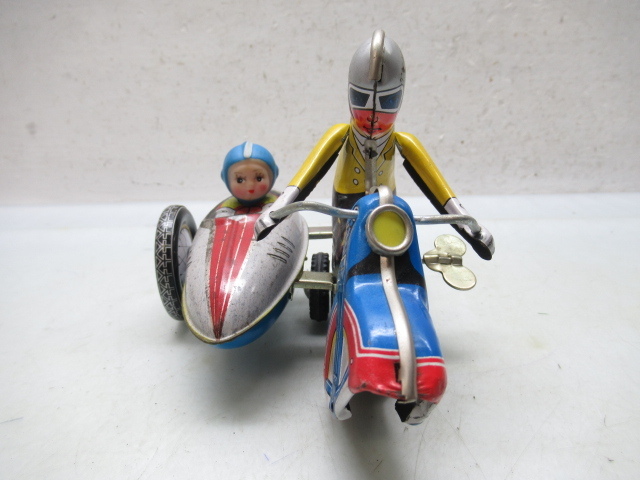 43329 古い 当時物 ブリキ オートバイ サイドカバー ミニカー 乗り物 ゼンマイ 玩具 おもちゃ 昭和 レトロ バイク 