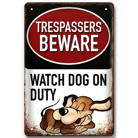 ブリキ看板 番犬の勤務 不法侵入は注意 かわいい 犬 いぬ イヌ 金属パネル 壁飾り インテリア 壁掛けプレート 警告版 猛犬注意 おもしろ