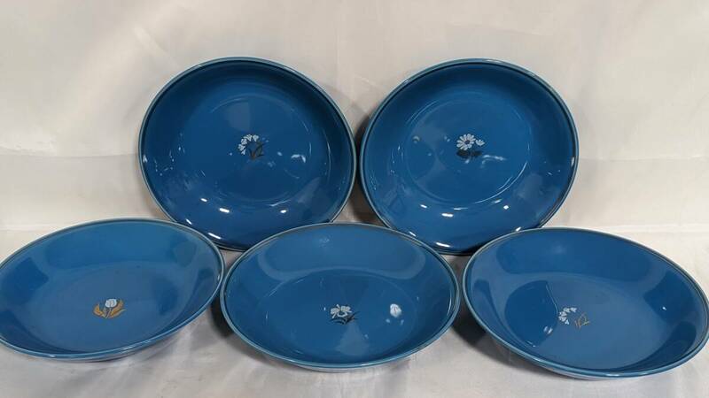 【H2011】 たち吉 皿 5枚 セット 陶器 ターコイズブルー 花模様 和食器 直径約20cm