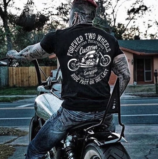 アメリカンレトロアメカハーレーバイクフィットネスマッスルタフガイタイプメンズコットンプリントラウンドネック半袖Tシャツ