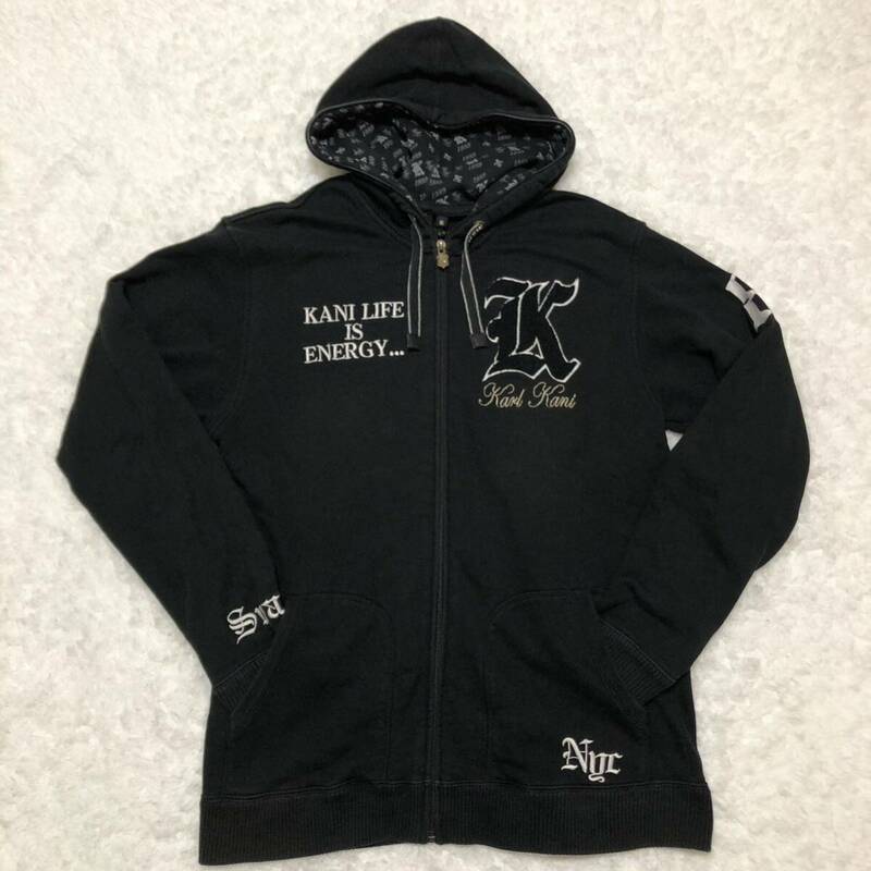 【美品】KARL KANI カールカナイ パーカー ロゴ刺繍 ストリート ジップアップパーカー ブラック 黒