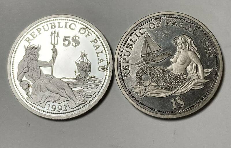 3 未使用　パラオ　カラー　銀貨　硬貨　セット　1992 アンティークコイン 記念硬貨 コイン 銀貨 硬貨 経年劣化