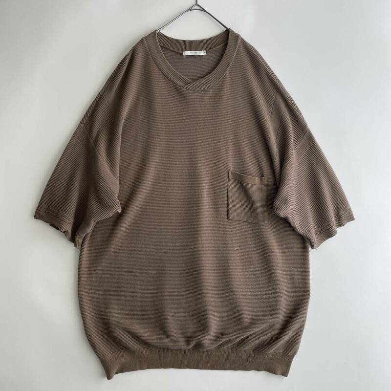 YASHIKI size/3 (ie) 春夏 ヤシキ オーバーサイズ リブ ニット Tシャツ 半袖 セーター コットン ポケT ブラウン 日本製 JAPAN