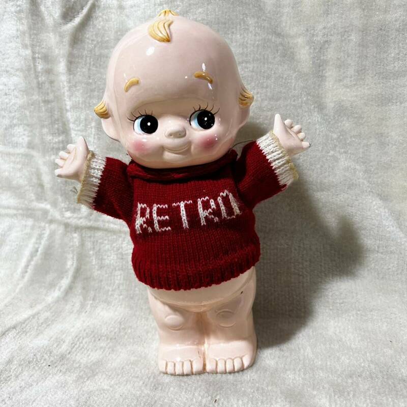 C966 昭和レトロ キューピー 陶器人形 貯金箱 RETORO セーター着用 赤 コレクション ローズオニール