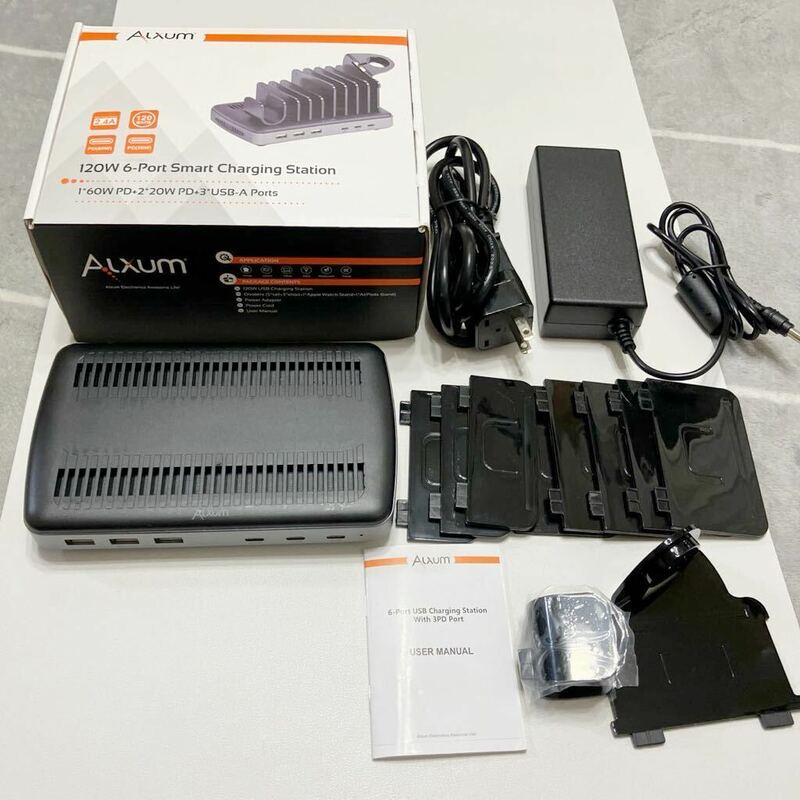 Alxum USB PD充電ステーション 6ポート120W PD20W*2+PD60W*1 タブレット充電スタンド PSE認証6台同時充電 仕切り板 間隔調整 iwatch収納