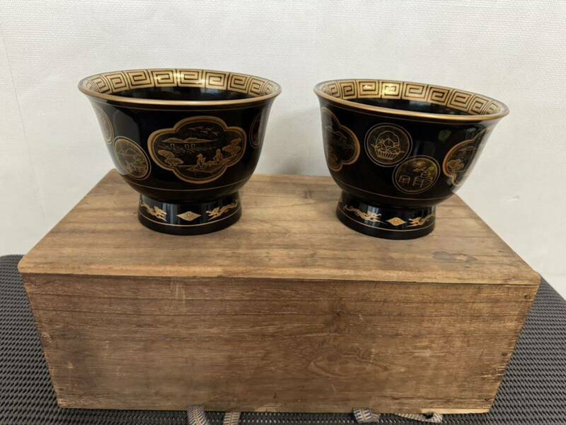 美品　盃洗　漆器　金彩蒔絵黒塗盃洗　お茶席　緑茶　茶室　花見　茶道　 時代物　旧家蔵出　アンティーク　共箱付　A-054