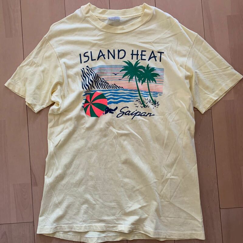 80s【Hanes】ヘインズ USA製 半袖Tシャツ プリント SAIPAN お土産 SURF L コットン100% イエロー 古着 sizeL