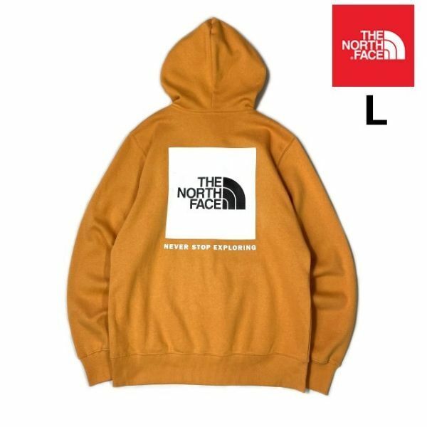 売切り【正規新品】THE NORTH FACE BOX NSE PULLOVER HOODIE パーカー US限定 バックプリント 裏起毛 男女兼用(L)オレンジ 181130-10