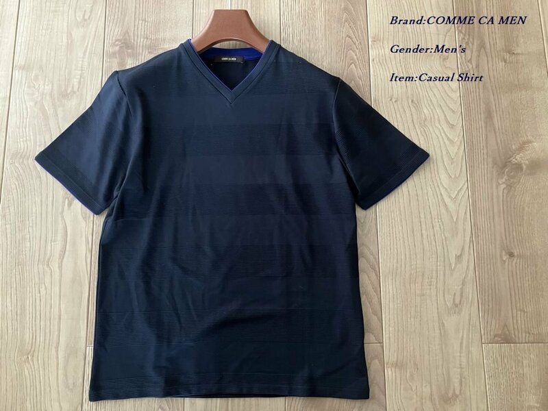 新品 COMME CA MEN コムサメン 日本製 タックボーダー半袖Tシャツ 09ネイビー Lサイズ 42TP12 定価12.100円