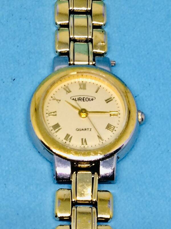 (F34)スイス(*'▽')AUREOLE・オレオール（電池交換済み）ゴールド・レディス腕時計USED（送料全国一律185円）しゃれた時計です。
