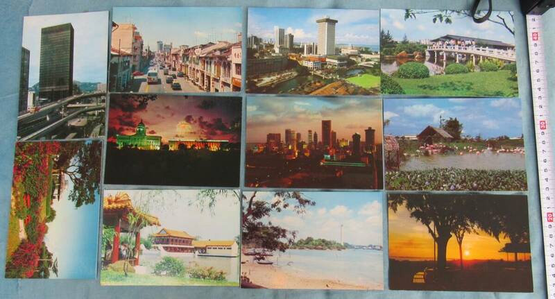 R100、1970年代シンガポール市街絵葉書11枚セット、SINGAPOLE POST CARDS,50年前の景色、街の建築ビル街、カラー版きれい、未使用
