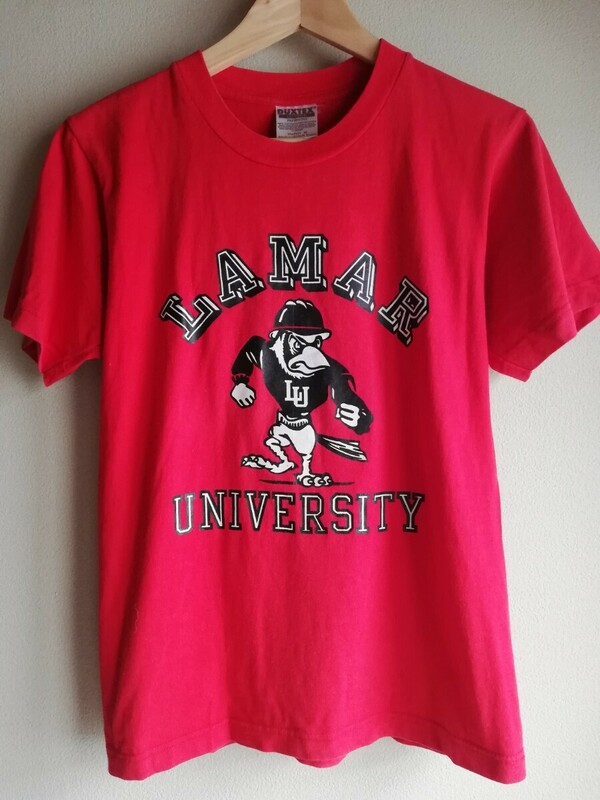 LAMAR UNIVERSITY カレッジロゴ 半袖 Tシャツ テキサス ラマー大学 アメリカ製 古着 DUXTEX 赤 レッド 鳥 アメカジ USED メンズ アメフト