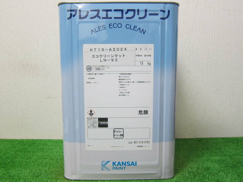 在庫数(1) 水性塗料 ホワイト色(N-93) つや消し 関西ペイント アレスエコクリーンマット 15kg