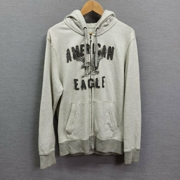 D371 American Eagle Outfitters アメリカンイーグル アウトフィッターズ ジップアップ パーカー 裏起毛 メンズ グレー サイズ M 刺繍 古着