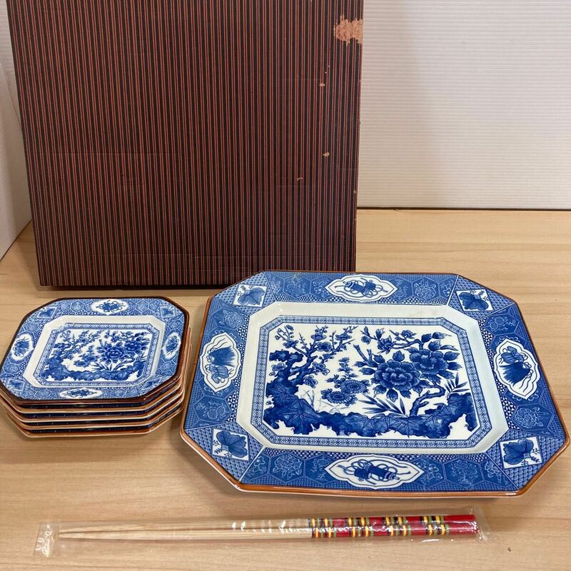 大皿 盛り皿 角皿 33.5×29cm/小皿 取皿 16.5×14cm 5枚セット 梅 和柄 ブルー 菜箸付き 和食器 昭和レトロ インテリア 未使用(7-2)