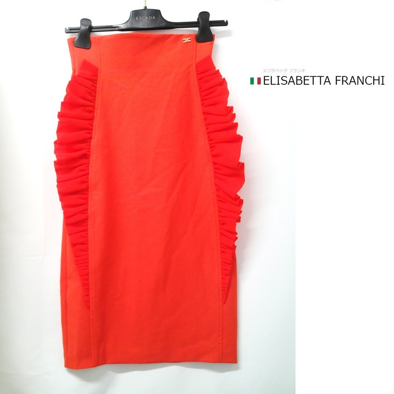 ELISABETTA FRANCHI (エリザベッタフランキ)　オレンジ　レッドオレンジ　スカート　ひざ丈　レース　タイトスカート　サイズ40 イタリア製