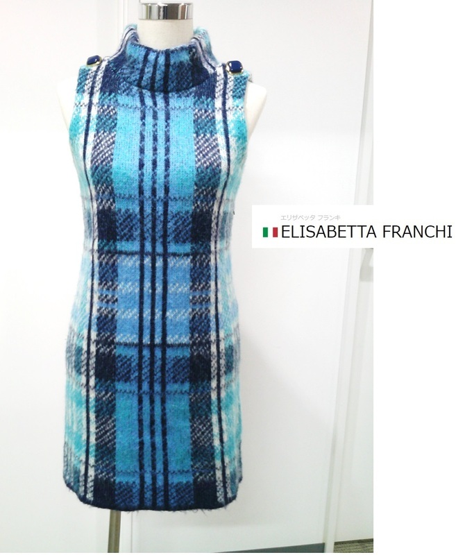 ELISABETTA FRANCHI (エリザベッタフランキ) 水色チェック　ワンピース ドレス ノースリーブ サイズ40 ハイネックワンピースイタリア製