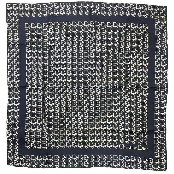 11686 クリスチャン ディオール スカーフ シルク100％ 絹 ネイビー 紺 Christian Dior ロゴ