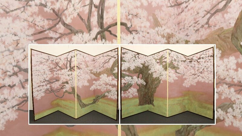 宇佐美江中「桜」屏風 四曲一双 日本画 屏風絵 師:川合玉堂 風景画