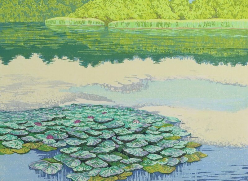 江幡讃「初夏の池」木版画 1986年制作 額装品 作品集付き 掲載品 / 風景画 夏の風景 リトグラフ