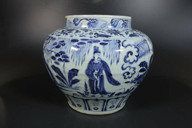 【和】(9267)　中国古玩　唐物　元　古染付人物文大壺　花瓶　青花壺