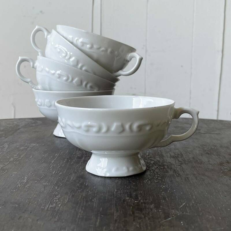 5個set レトロデコ ティーカップ デッドストック 白磁 陶器　検: マグカップ コーヒー 珈琲 フラワーベース 花材 ビンテージ アンティーク
