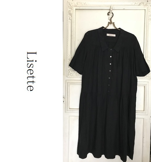 Lisette リゼッタ 　麻リネン100％　半袖 ギャザー　五分袖　襟付き　ワンピース　ロングスカート　黒ブラック