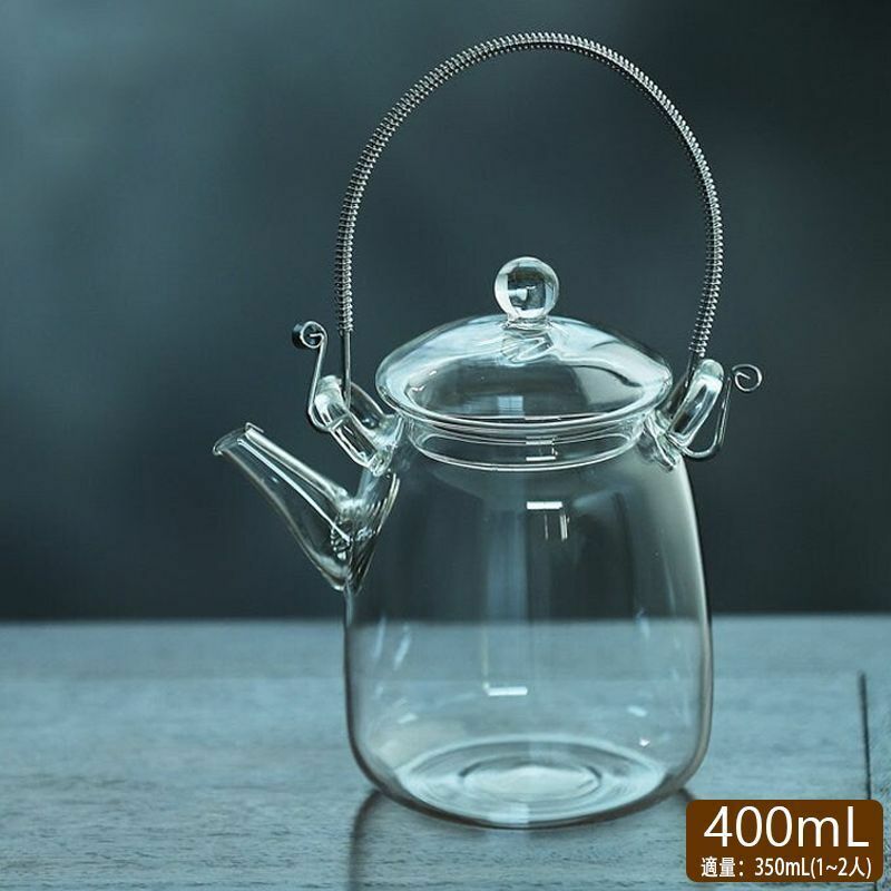 400ml 耐熱ガラス ティーポット 茶こし付き ガラス製ポット 手作り ステンレス鋼持ち手 ジャンピング ガラス急須 健康茶器 直火可