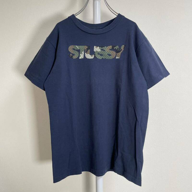 90s USA製 STUSSY ステューシー Tシャツ カモフラ ロゴ シングルステッチ ネイビー f549