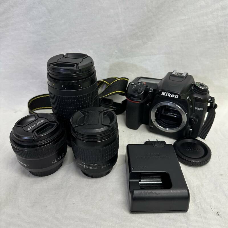 【通電確認OK・現状品】　Nikon　ニコン　D7500　デジタル一眼レフカメラ　ボディ　レンズ　AF NIKKOR　70-300mm　28-80mm　YONGNUO　50mm