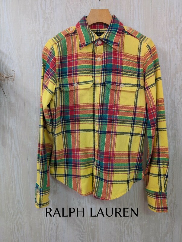 RALPH LAUREN コットンネルチェックシャツ 7号 イエローのタータンチェック 長袖 エポーレット 綿100％ インパクト21 レディース ジュニア
