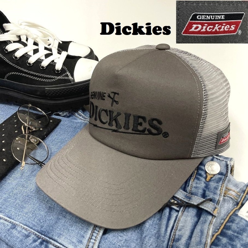 未使用品 Dickies グレー メッシュキャップ メンズレディース カジュアルアメカジアウトドアキャンプゴルフ ブラックロゴ刺繍 ディッキーズ