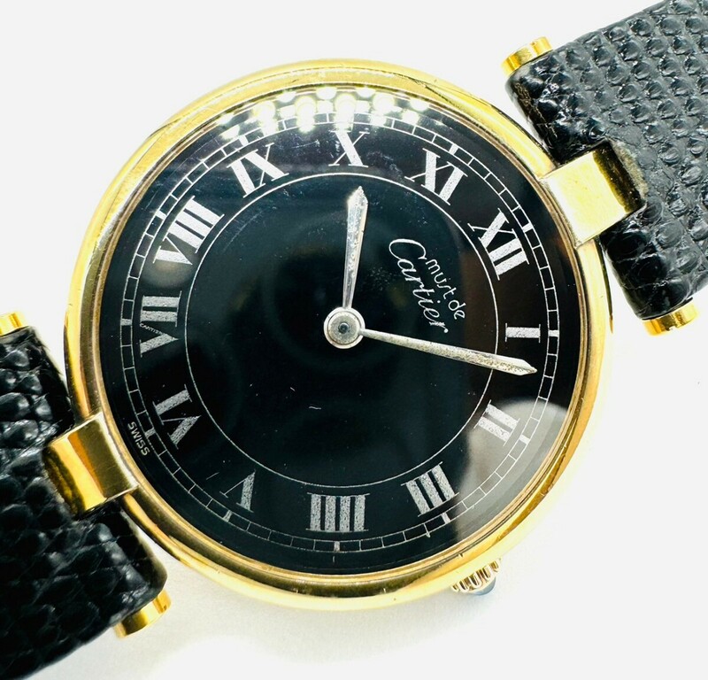 カルティエ Cartier ヴェルメイユ ARGENT 925 クォーツ メンズ腕時計 ブラック文字盤 ローマン ラウンド 
