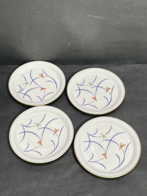 ● コレクター必見 香蘭社 銘々皿 四客 蘭文様 ブルー 青 陶器製 お皿 小皿 和食器 コレクション ma487